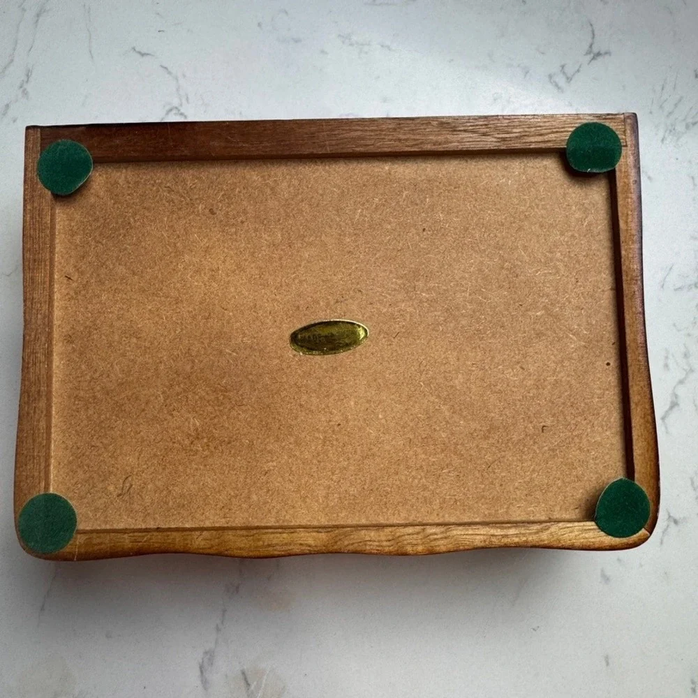 Vintage Kmart Walnut Finish Jewelry Box Stained Glass Double Heart Floral Lid
